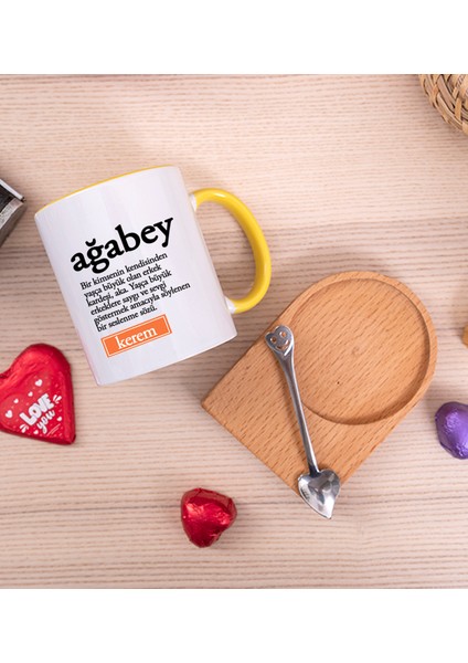 Kişiye Özel Ağabey Kelime Anlamı Ahşap Altlıklı Kaşıklı Sarı Kupa Bardak fiyatları