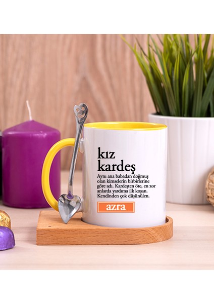 Kişiye Özel Kız Kardeş Kelime Anlamı Ahşap Altlıklı Kaşıklı Sarı Kupa Bardak