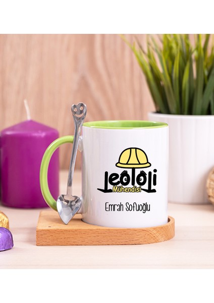 Kişiye Özel Jeoloji Mühendisi Ahşap Altlıklı Kaşıklı Yeşil Kupa Bardak