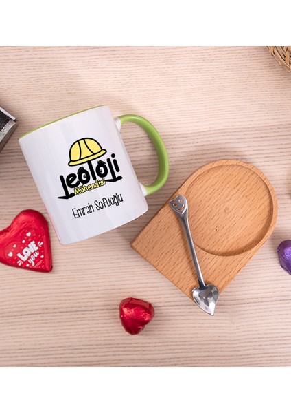 Kişiye Özel Jeoloji Mühendisi Ahşap Altlıklı Kaşıklı Yeşil Kupa Bardak fiyatları