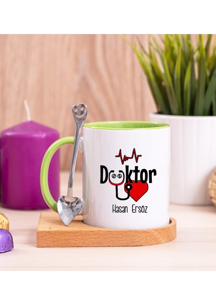 Kişiye Özel Doktor Ahşap Altlıklı Kaşıklı Yeşil Kupa Bardak