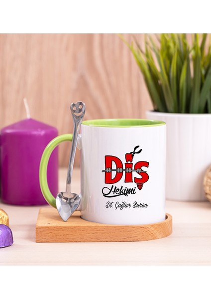 Kişiye Özel Diş Hekimi Ahşap Altlıklı Kaşıklı Yeşil Kupa Bardak
