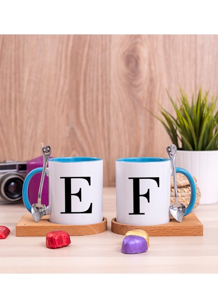 Kişiye Özel Baş Harfli Ikili Ahşap Altlıklı Mavi Kupa Bardak