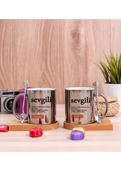 Kişiye Özel Sevgili Kelime Anlamı Ikili Ahşap Altlıklı Silver Kupa Bardak