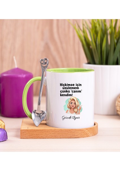 Kişiye Özel Canım Kendim Ahşap Altlıklı Kaşıklı Yeşil Kupa Bardak