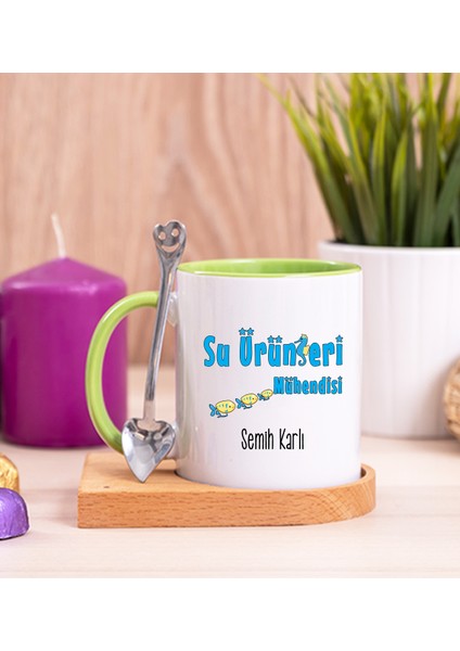 Kişiye Özel Su Ürünleri Mühendisi Ahşap Altlıklı Kaşıklı Yeşil Kupa Bardak