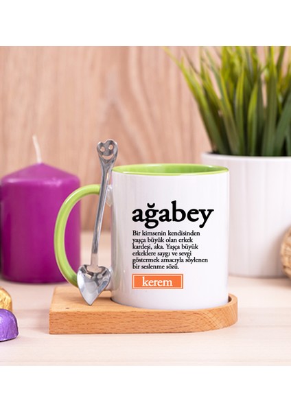 Kişiye Özel Ağabey Kelime Anlamı Ahşap Altlıklı Kaşıklı Yeşil Kupa Bardak