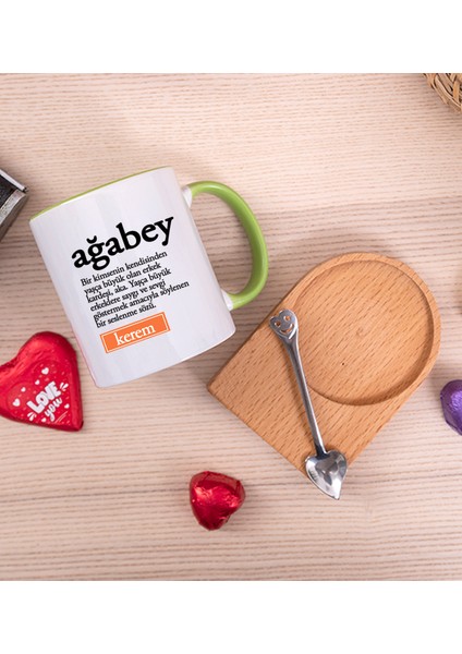 Kişiye Özel Ağabey Kelime Anlamı Ahşap Altlıklı Kaşıklı Yeşil Kupa Bardak fiyatları