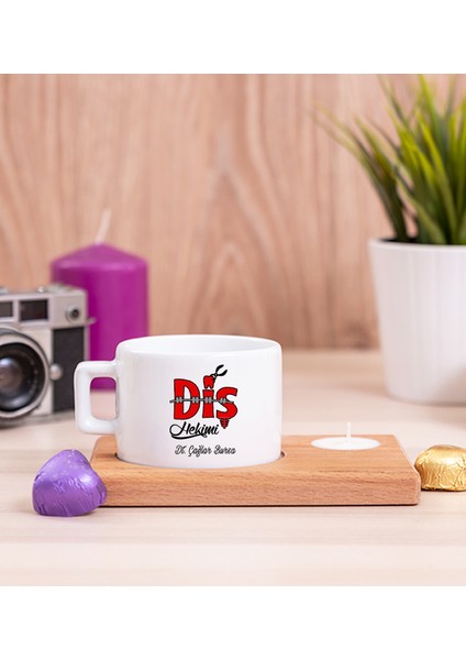 Kişiye Özel Diş Hekimi Ahşap Altlıklı Mumlu Fincan