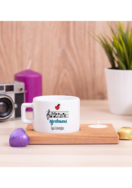 Kişiye Özel Müzik Öğretmeni Ahşap Altlıklı Mumlu Fincan