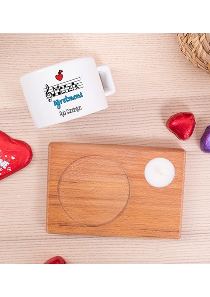 Kişiye Özel Müzik Öğretmeni Ahşap Altlıklı Mumlu Fincan fiyatları