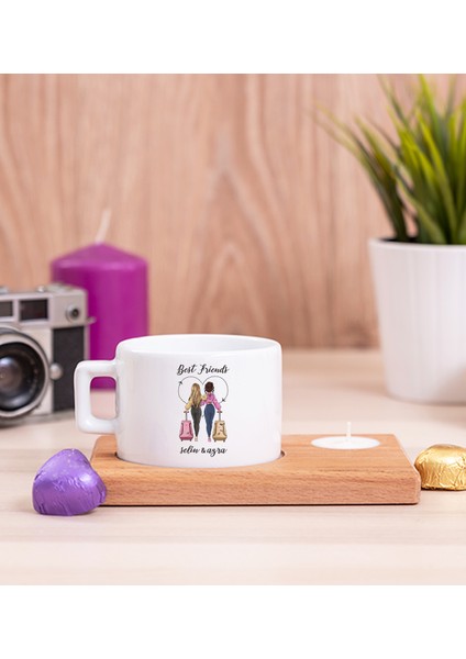 Kişiye Özel Best Friends Ahşap Altlıklı Mumlu Fincan