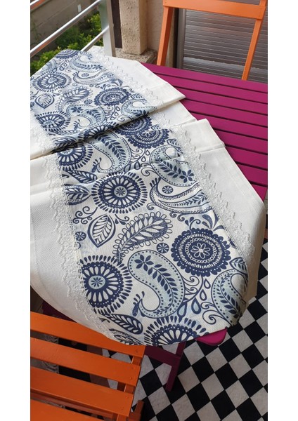 Ela Etnik Baskılı Duck Kumaş Krem/Renkli Runner 50*150 cm - 96