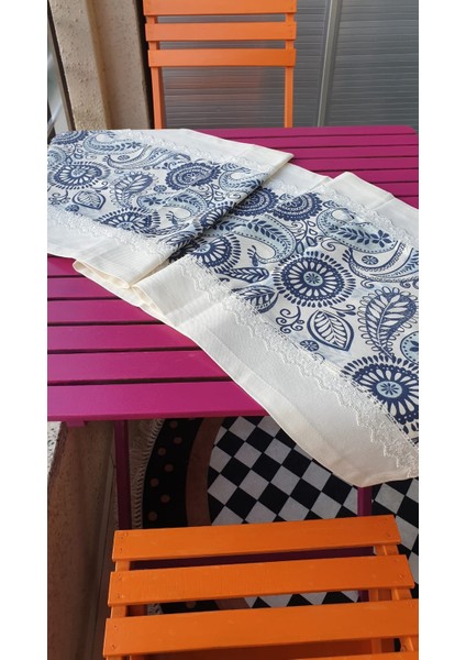 Ela Etnik Baskılı Duck Kumaş Krem/Renkli Runner 50*150 cm - 96