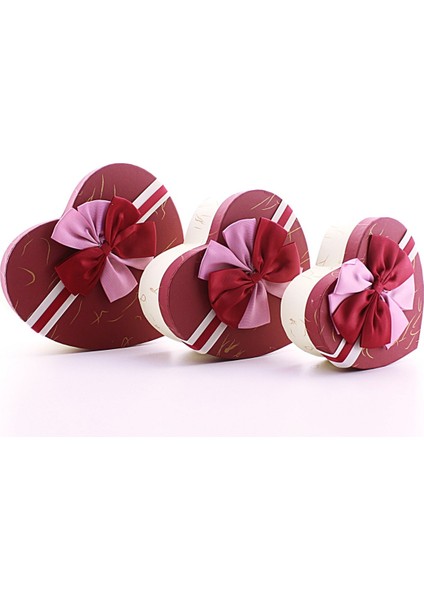 3 Lü Set Kalp Şeklinde Kurdeleli Karton Kutu Kırmızı - Bej