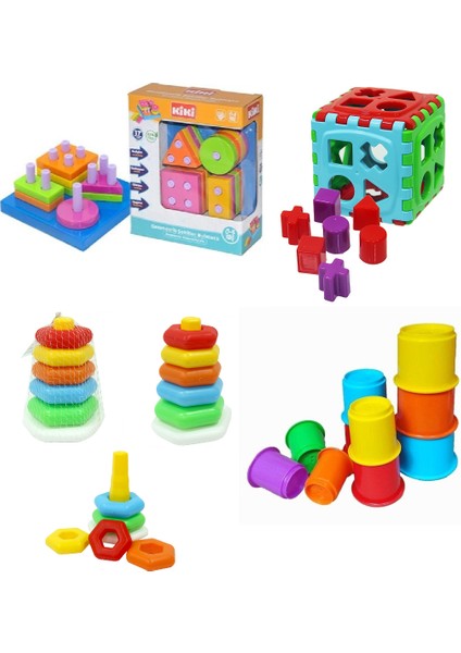 Geometrik Şekiller Bulmaca + Bultak Puzzle + Sevimli Halkalar + Bardak Kule Eğitici Set