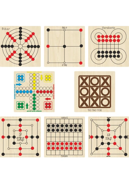 Ahşap Zeka ve Strateji Oyun Seti 8 Li, Kızma Birader+Dama+3 Taş+9 Taş+12 Taş+Bihar+Surakarta+Tic-Tac-Toe