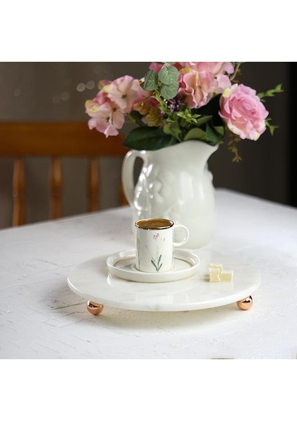 Mermer 25 cm Rose Gold Boncuk Ayaklı Beyaz Yuvarlak Sunumluk
