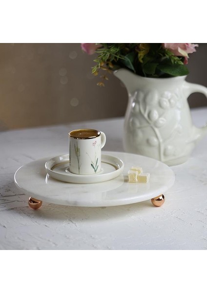 Mermer 25 cm Rose Gold Boncuk Ayaklı Beyaz Yuvarlak Sunumluk modelleri
