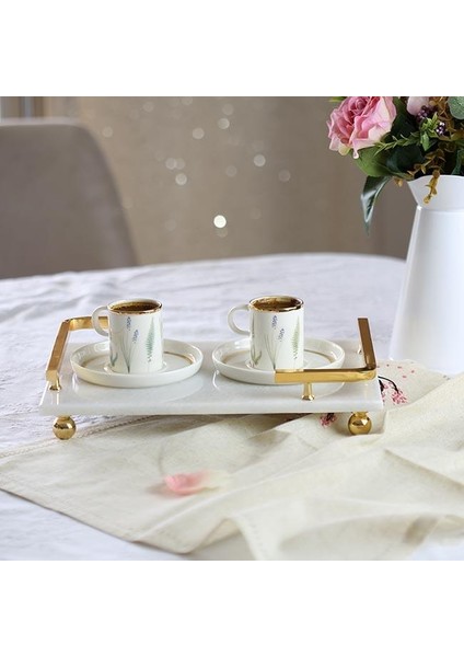 Mermer Beyaz Altın Boncuk Ayak L Dizayn 30X20 cm Tepsi