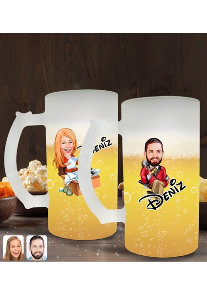 Kişiye Özel Erkek ve Kadın Patron Karikatürlü 2’li Buzlu Cam Bira Bardağı 50CL-2