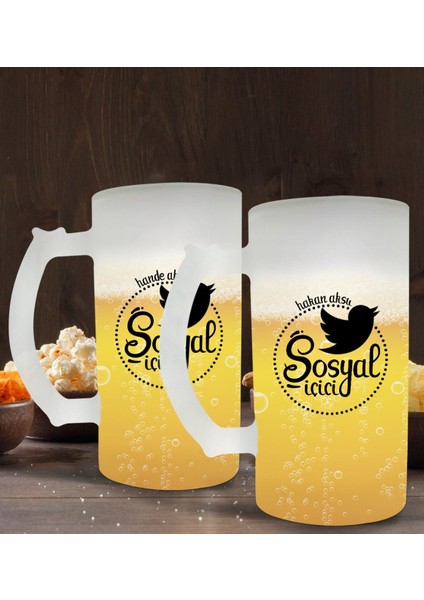 Kişiye Özel Sosyal Içici Tasarımlı 2’li Buzlu Cam Bira Bardağı 50CL-1
