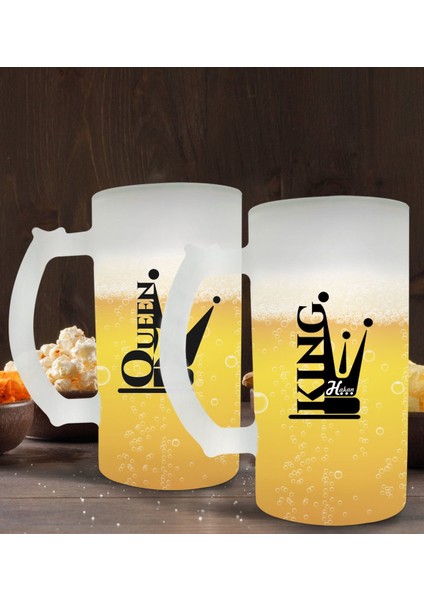 Kişiye Özel King And Queen Tasarımlı 2’li Buzlu Cam Bira Bardağı 50CL-1