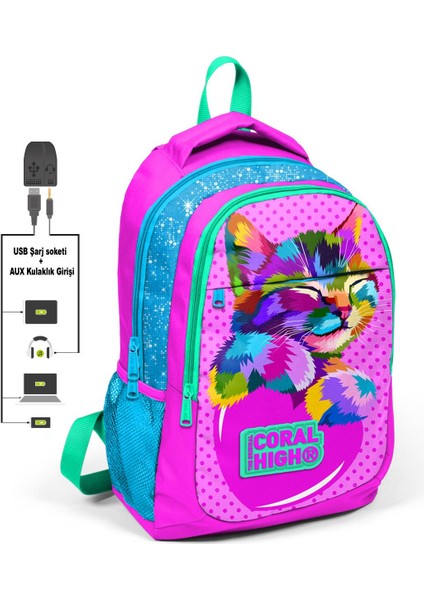 Kids Pembe Simli Üç Bölmeli USB Şarjlı Kulaklık Çıkışlı Sırt Çantası 24301