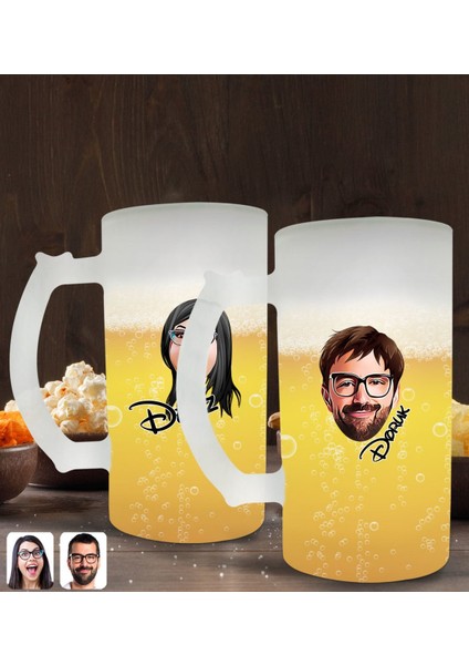 Kişiye Özel Erkek ve Kadın Yüz Karikatürlü 2’li Buzlu Cam Bira Bardağı 50CL-1