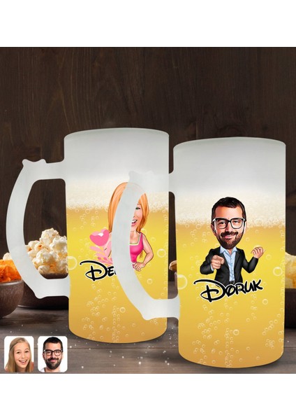 Kişiye Özel Erkek ve Kadın Karikatürlü 2’li Buzlu Cam Bira Bardağı 50CL-2