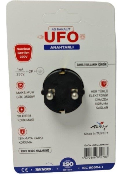 Ufo Tekli Akım Korumlı Priz Anahtarlı Siyah 3500W 16A