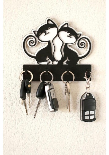 Siyah Dekoratif Sevimli Kedili Anahtar Askısı Ahşap Anahtarlık