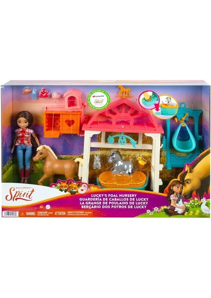 Spirit Özgür Ruh Lucky'nin Bakım Odası Oyun Seti, Lucky (17 cm), tartı, dönence, sallanan beşik, 4 hayvan figürü, besleme malzemeleri dahil, 3 yaş ve üzeri HCH37