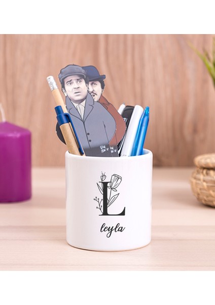 Kişiye Özel Baş Harfli Çiçek Tasarım Seramik Kalemlik