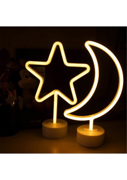 Ay Yıldız Neon LED Gece Lambası USB ve Pilli