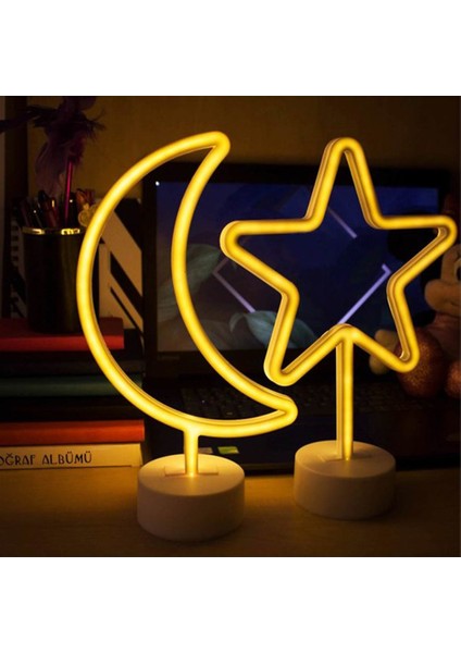 Ay Yıldız Neon LED Gece Lambası USB ve Pilli