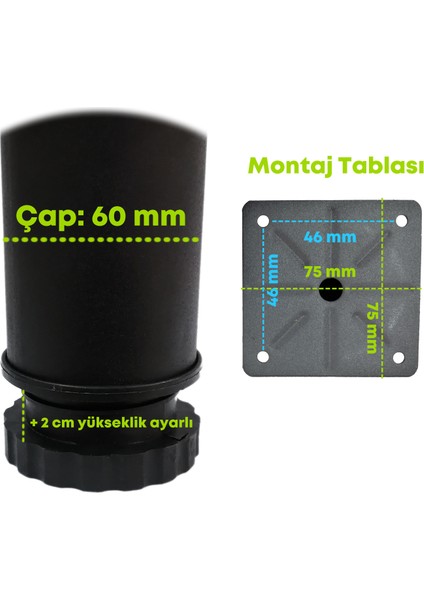 Tablalı Metal Dolap Masa Koltuk Kanepe Ayağı Çap: 60 mm Texture Siyah