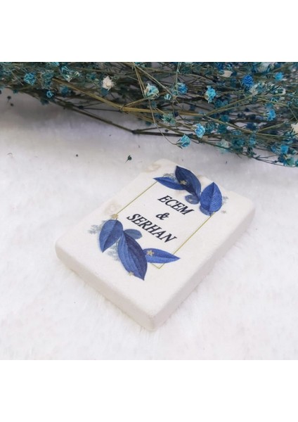 30 Adet Taş Magnet 6x4 Nikah Şekeri Nişan Liği Mavi Çiçek Bakıslı Kişiye Özel