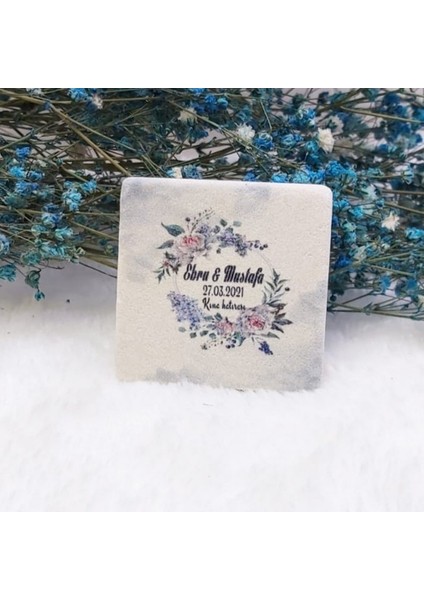 30 Adet Taş Magnet Nikah Şekeri Nişan Liği Desen Çiçekli 4,5x4,5 Kare
