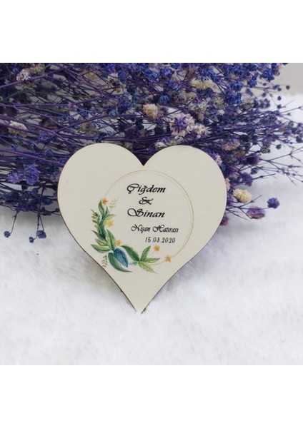 30 Adet Yeşil Çiçekli Kalp Ahşap Nikah Magnet Uv Baskı Nişan Liği Ekonomik