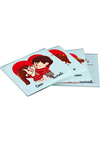 Sevgililer Günü Hediye Seti - Isimli Bardak Altlığı Seti (1 Set=4 Adet)