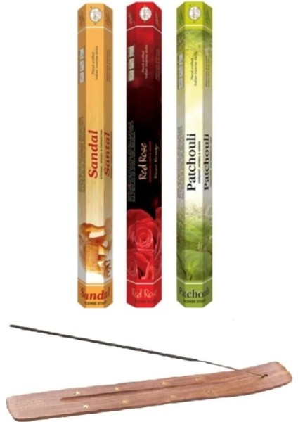 Flute 60 Adet Tütsü (Sandal, Kırmızı Gül, Paçuli) Işlemeli Ahşap Tütsü Kayığı Hediyeli