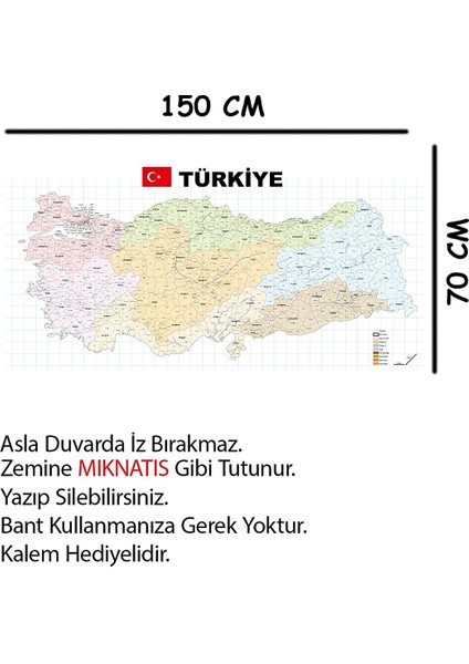 Tutunabilir Kağıt Türkiye Il Ilçe Haritası Yazı Tahtası Akıllı Kağıt Tahta Kalem Dekoratif 70 x 150 cm