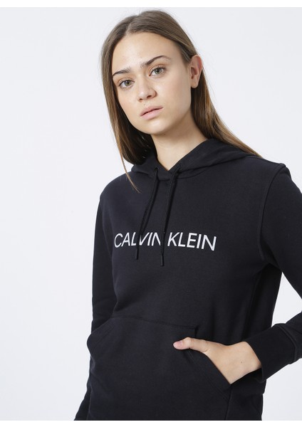 00GWF1W311PW - Hoodie Kapüşonlu Regular Fit Düz Siyah Kadın Sweatshirt