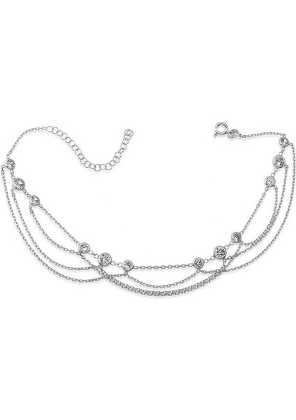 Gümüş Çift Zincirli Beyaz Taşlı Halhal
