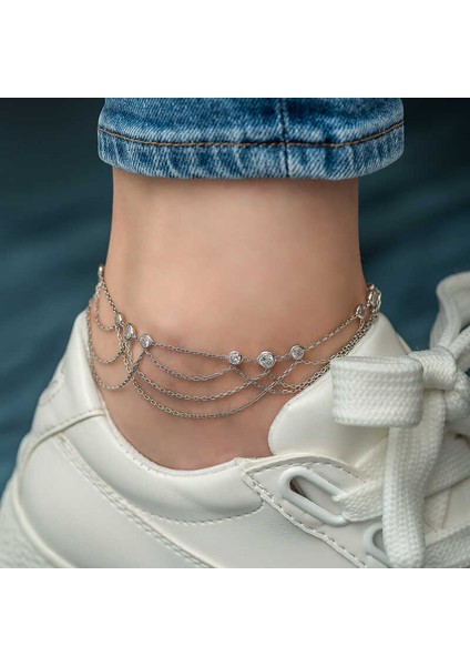 Gümüş Çift Zincirli Beyaz Taşlı Halhal fiyatları