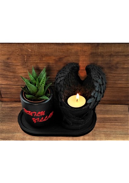 Saksılı Sukulent ve Melek Kanatlı Tealight Mumluk Set Siyah fiyatları