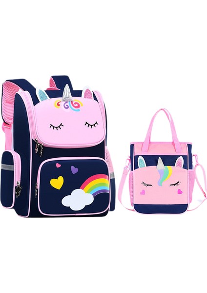 Fengdong 2 Parça Sevimli 3D Karikatür Baskılı Okul Sırt Çantası Seti - Lacivert (Yurt Dışından)