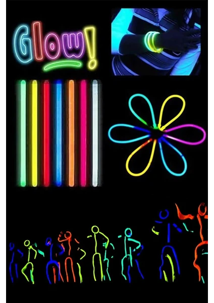 50 Adet Glow Stick Fosforlu Çubuk Bileklik + 50 Adet Bileklik Aparatı 24 Saat Parlaklık