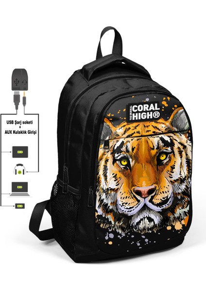 Kids Siyah Üç Bölmeli USB Şarjlı Kulaklık Çıkışlı Sırt Çantası 24302